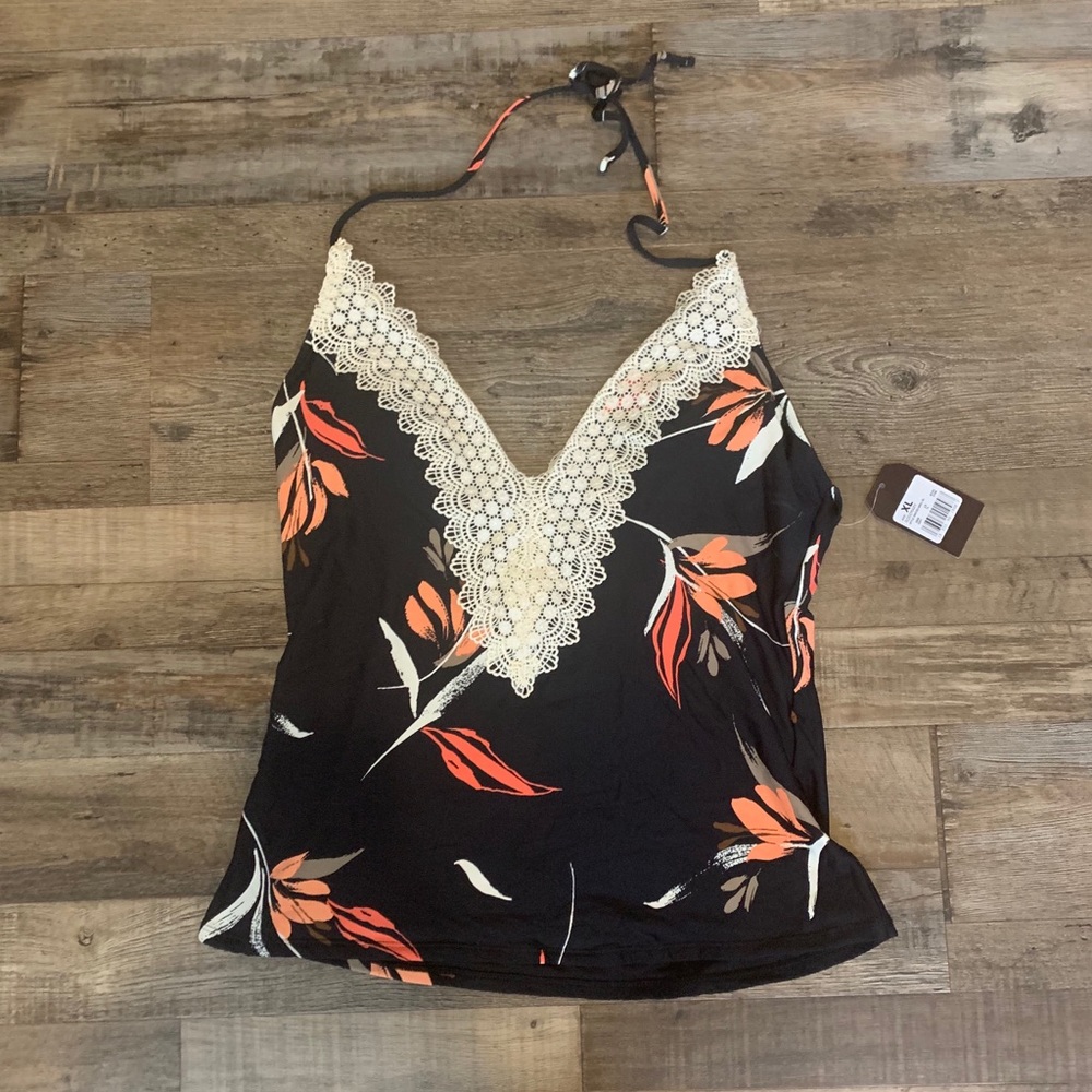 NWT Black & peach crochet trim swim tankini in XL.